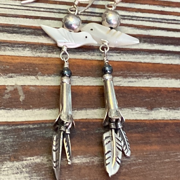 Masha Sterling Squash Blossom Feather Bird Earrings - Picture 4 of 5